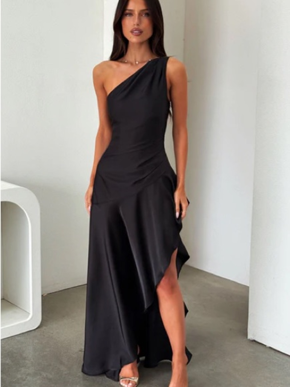 One-Shoulder Black Satin Evening Dress